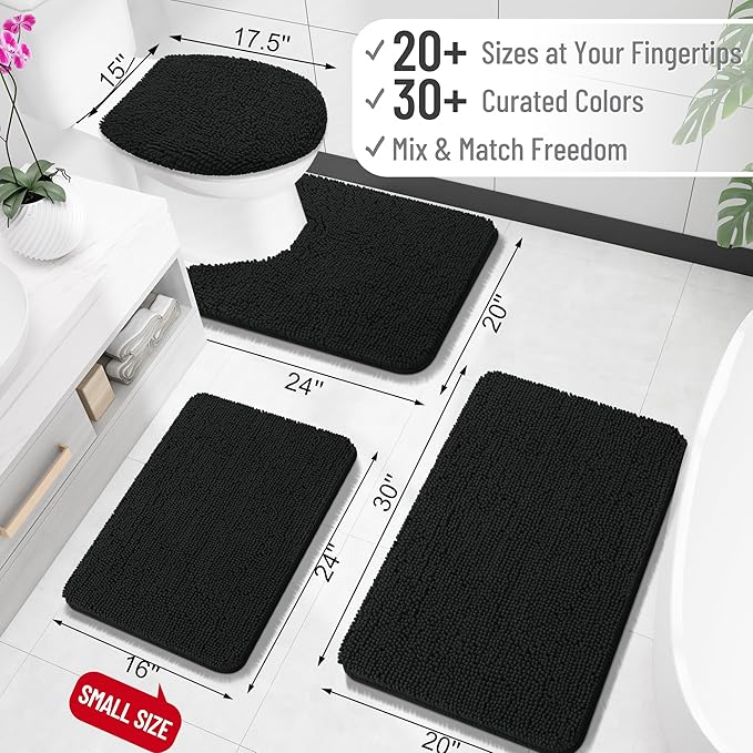 OLANLY Bathroom Rugs 30x18, Extra Soft Absorbent Chenille Bath Rugs, Rubber Backing Quick Dry, Machine Washable Bath Mats for Bathroom Floor, Tub and Shower, Home Decor Accessories, Black