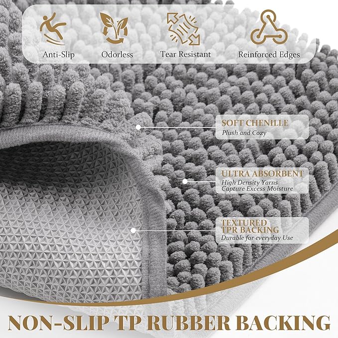 Bathroom Rugs Mat 72 x 36, Thick Soft Absorbent Chenille Bath Rugs, Rubber Backing Bath Mats for Bathroom Floor, Tub, Shower, Bedroom, Home Decor Accessories, Quick Dry Machine Washable, Grey