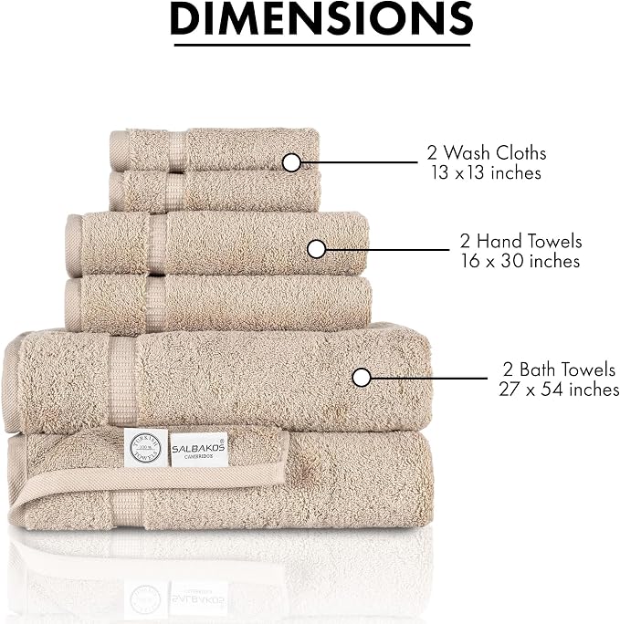SALBAKOS 100% Turkish Cotton Bathroom Towel Set of 6-Piece, Taupe | 630 Gsm Thick Super Soft Highly Absorbent 2 Bath + 2 Hand + 2 Washcloth Towels Sets, Giftable, Hotel Quality, Made in Turkey