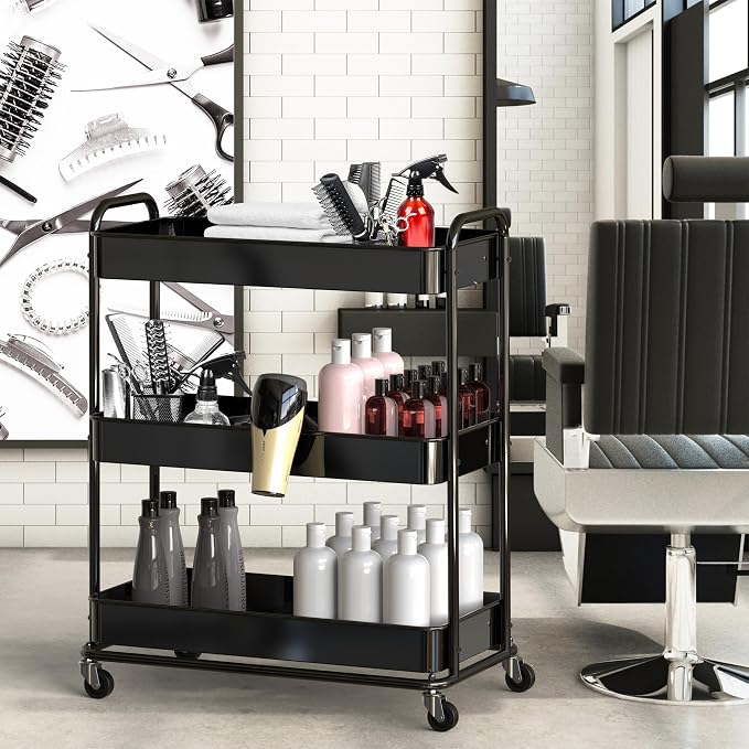 Simple Houseware 26" Extra-Wide 3-Tier Heavy Duty Metal Utility Cart, Black | High-Capacity Rolling Cart Organizer for Spa, Salon, Office, and Home Storage