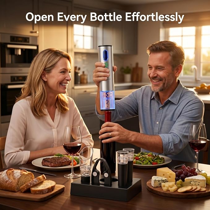 Electric Wine Opener with Wine Accessories -Rechargeable Wine Bottle Opener Set with Base, Wine Aerator, Foil Cutter and Wine Stoppers- Perfect Wine Gifts for Wine Lovers