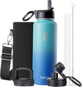 Coolflask Water Bottle 40 oz Insulated with Straw, Stainless Steel Metal 3 Lids Water Flask for Sports or Office, Keep Cold 48H Hot 24H, Indigo Blue