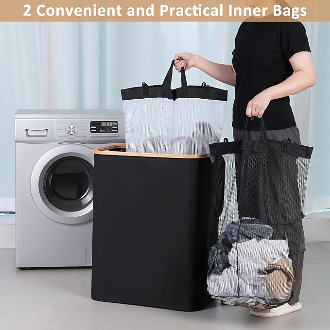 iEGrow 150L Laundry Basket with Lid,Large Laundry Hamper with Bamboo Handles, Hampers for Laundry, Dirty Clothes Hamper with 2 Removable Inner Bags for Clothes Towels,Black