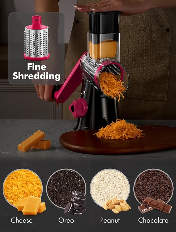 Cheese Grater Rotary, Rotary Grater for Kitchen, Kitchen Vegetable Slicer with 3 Drum Blades, Fast Cutting Cheese Shredder for Vegetables and Nuts (Black+Rosy, 3 BLADES)
