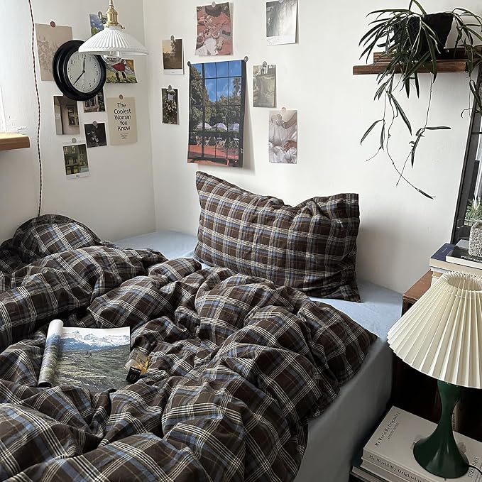 mixinni Vintage Brown & Blue Buffalo Plaid Duvet Cover Set Twin XL Size - 3 Piece Washed Cotton Bedding Set with Grid Pattern, Soft & Breathable Duvet Cover with Pillowcases for Boys, Men& Women