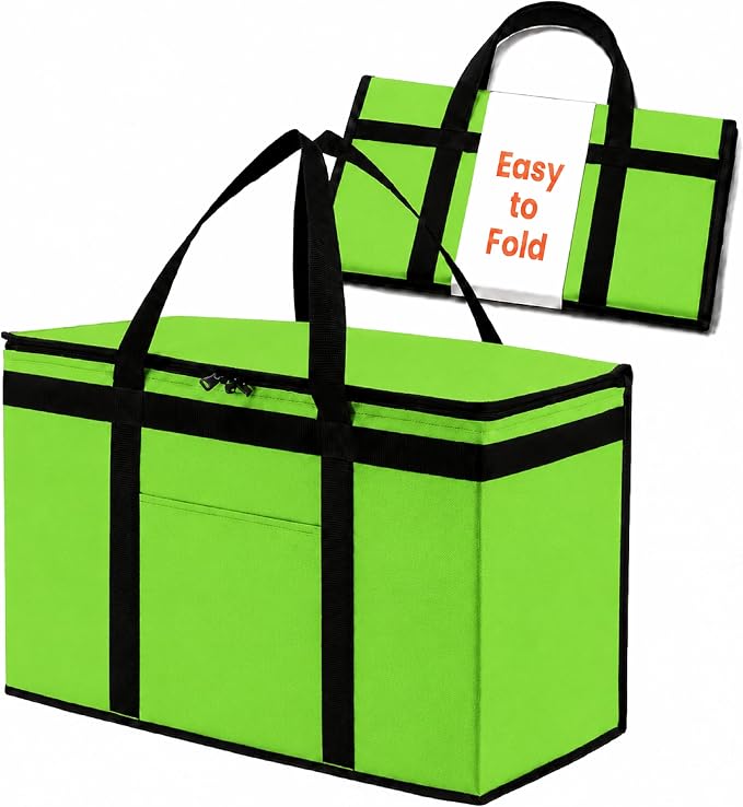 Insulated Food Bag, Portable Cooler Tote (2XL, Green, 1 Pack) | Large thermal bag, For cold & hot food, Soft sided cooler, Heavy duty carrier, Grocery shopping, Food delivery, Catering bag