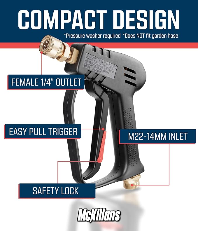 McKillans® Short Pressure Washer Gun with Replacement M22 Inlet - High Pressure Water Handle with 1/4” Quick Connector Coupler - Power Washer Gun Compatible with Foam Cannon - Car Wash Foam Gun