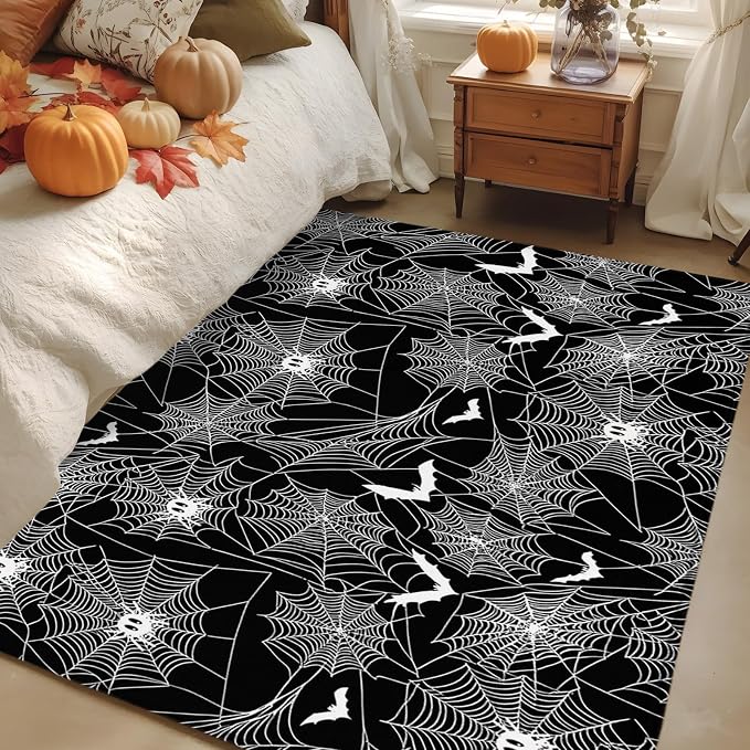 3 x 5 Ft Area Rug for Reading Room. Halloween Indoor Accent Rugs for Living Room, Black Scary White Bat Animal Net Geometric Decorative Modern Carpet Washable Low Pile Non Slip Rug for Bedroom