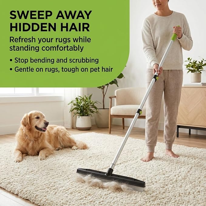 Room Groom Carpet Rake and Groomer with Telescoping 54 Inch Adjustable Handle, Portable Design, Carpet Brush Ideal for Pet Hair, Refreshing High Pile Carpets, Rugs, and Artificial Turf