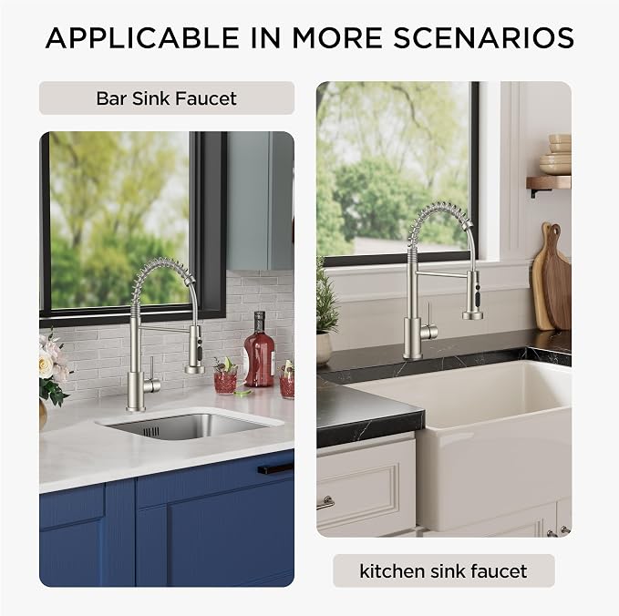 FORIOUS Kitchen Faucet with Soap Dispenser, Stainless Steel, Brushed Nickel | Single Handle Stainless Steel Kitchen Faucet with 3 Modes Sprayer, Commercial Spring Faucet for Kitchen Sink, Laundry Rv Bar