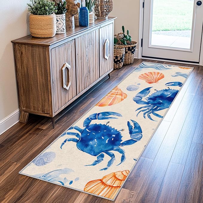 3x12 Nautical Runner Rug for Hallway, Washable Coastal Crab Rug Runner Non Slip, Seashell Ocean Home Decor Carpet for Kitchen, Bedroom, Entryway, Laundry Room, Ultra Thin Soft H196