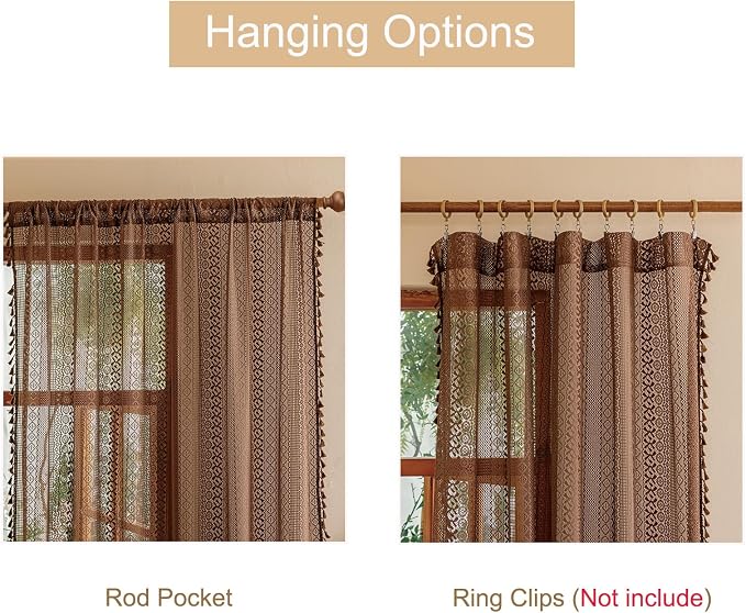 Sutuo Home Dark Coffee Boho Lace Curtains, Sheer Curtains 102 inches Long for Living Room Bedroom Light Filtering Caramel Privacy Vintage Tassels Bohemian Window Treatments Rod Pocket, 2 Panels 50" W