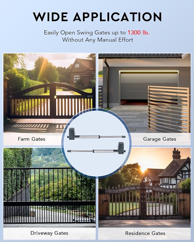 CO-Z Automatic Dual Swing Gate Opener Kit for Gates up to 1300 lb 36 ft | Includes Infrared Sensor, Remote Control, Custom Open/Close Time, and Solar Panel Compatibility (Solar Panels Not Included).
