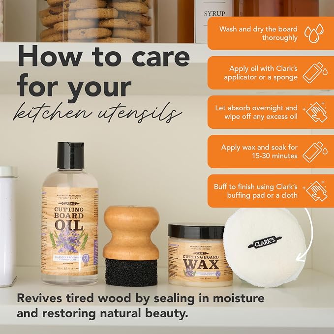 CLARK'S Food Grade Cutting Board Full Care Kit, Rosemary Scent - 4 Pack | Includes Food Grade Mineral Oil, Cutting Board Wax, Oil & Wax Applicators, Buffing Pads - Restores & Protects
