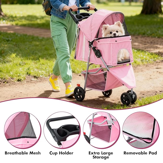 DUMOS 3 Wheels Pet Stroller for Small Dogs and Cats – Foldable Dog Stroller with Mesh Windows, Storage Basket & Cup Holder, Lightweight & Durable Pet Carrier for Travel, Outdoor Use – Pink