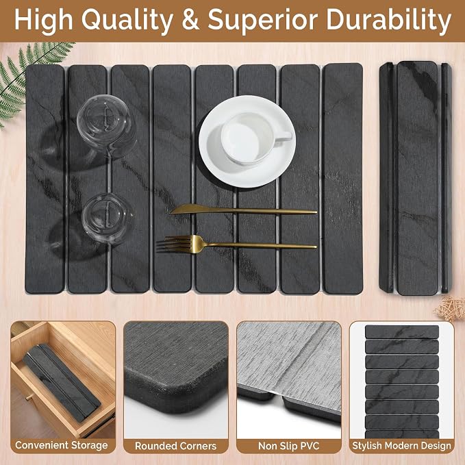 2 PCS Stone Dish Drying Mat for Kitchen Counter,Quick Dry Stone Dishes Mats,Marbled Water Absorbing Diatomaceous Earth Drying Pad for Countertop Bottles Utensils Cups（Dark Gray 20"×14" & 8"x4"）