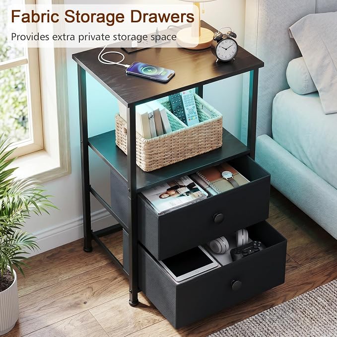 Nightstands Set of 2, LED Night Stand with Charging Station | Bedside Table with Type-C Outlets & 2 Fabric Drawers, End Tables with Storage Shelf for Bedroom, Small Spaces, Black
