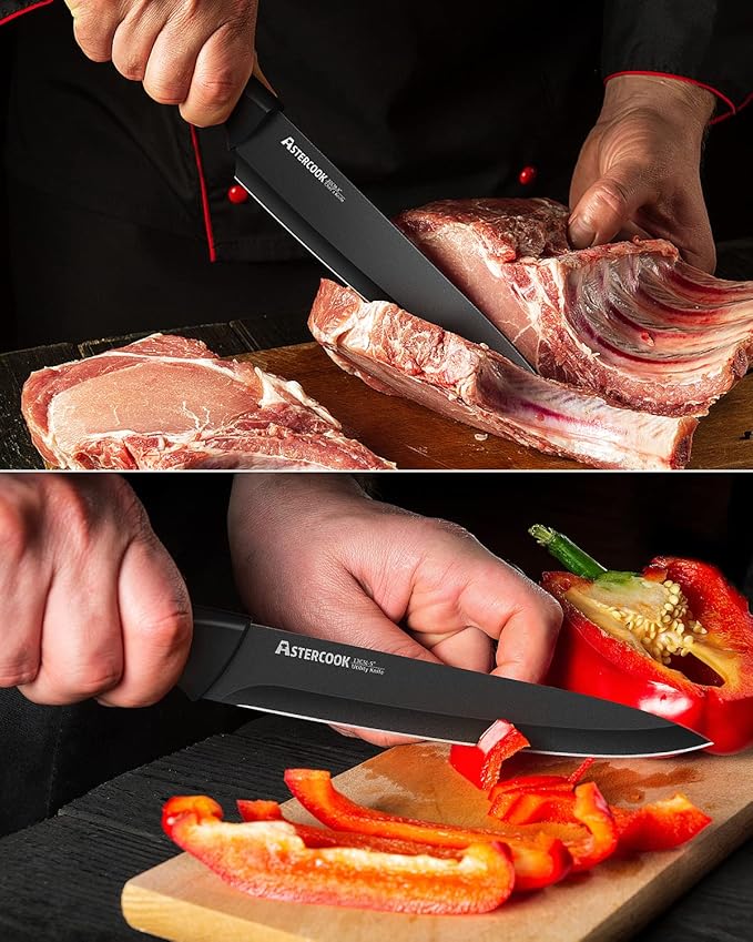 Astercook 15 Pieces Kitchen Knife Block Set with Sharpener, Black | Built-in Sharpener Block, Dishwasher Safe, German Stainless Steel, Ergonomic Handle, Kitchen Weddings Birthdays Gift