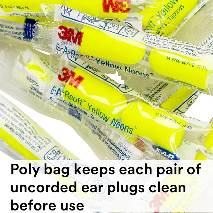 3M Ear Plugs, E-A-Rsoft Yellow Neons 315-1251, 200 Pair of Disposable Earplugs, Pairs Individually Wrapped, Slightly Longer, Uncorded, 33 NRR, Tapered Cylinder Shape, Slow Recovery Foam