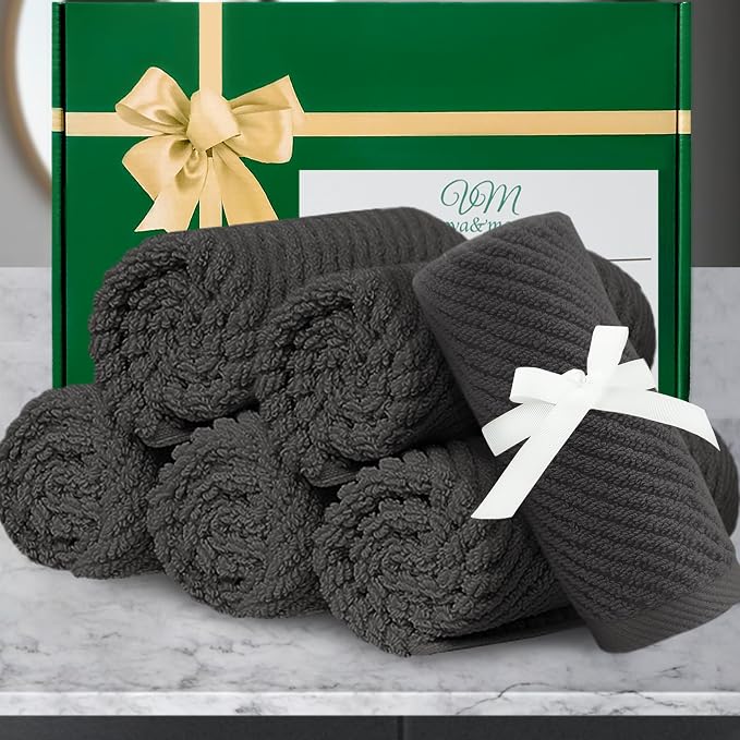 VOOVA & MOVAS Washcloths 6PC, 100% Cotton, 13x13 in, Dark Gray | Thick, Quick Dry, Wash Cloths For Showering, Bathroom Gift Set, Perfect For Home, Spa, Housewarming Gift