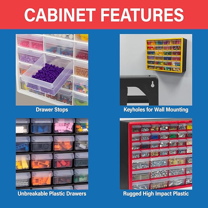 Akro-Mils 16-Drawer Plastic Storage Cabinet, 10.5"W x 6.5"D x 8.5"H, White | Plastic Cabinet w/ Drawers for Garage Organization, Beads, Makeup Organizer, Building Bricks Storage, Teacher Toolbox, 10116