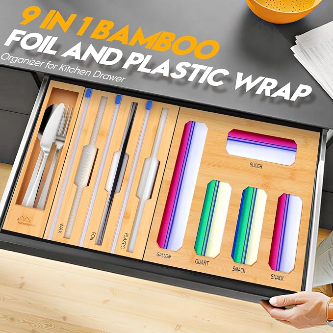 Bamboo Ziplock Bag Organizer for Kitchen Drawer & Wall Mount, Food Storage Baggie Holder, Fits Gallon Quart Sandwich Snack Freezer & Slider Bags, No Assembly, 9 in 1,Natural Color