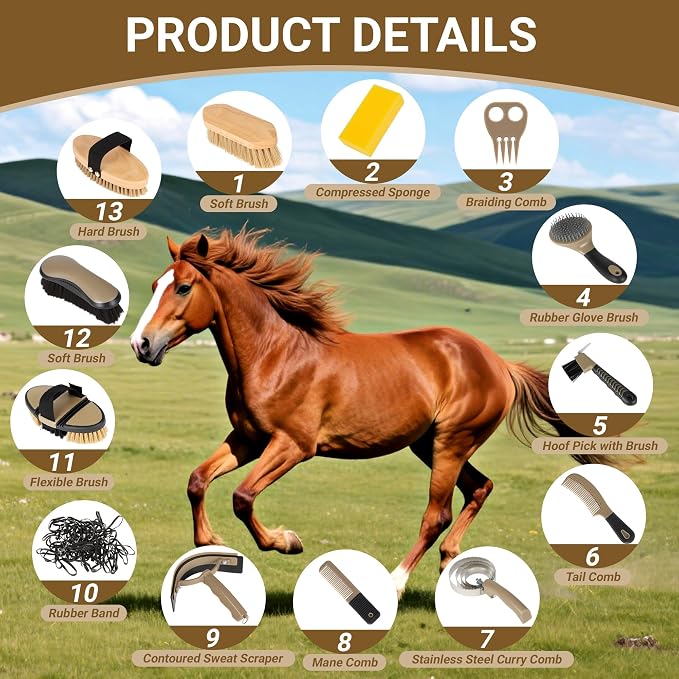 Horse Grooming Kit, 14-in-1 Professional Horse Brush Supplies Set for Grooming & Care, with Horse Brushes, Curry Comb, Hoof Pick & Waterproof Storage Tote Bag for Shining, Detangling, Massaging(Khaki)