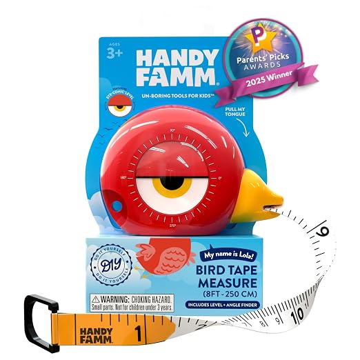 Handy Famm Kids Tape Measure – 8ft Red Bird Retractable Measuring Tape with Level & Protractor, STEM Montessori Tool, Toddler Safe, Gift for Boys & Girls Ages 3+