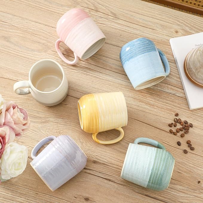 HASENSE Coffee Mugs, 12 oz Porcelain Coffee Cups Set of 6, Two-Tone Reactive Glaze Mugs Gift for Women and Men, Big Colorful Tea Cup for Latte, Cappuccino & Hot Chocolate, Dishwasher Microwave Safe