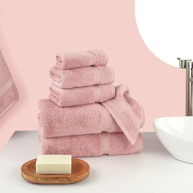 Chakir Turkish Linens 6 Piece Towels Set, 100% Cotton Luxury Turkish Towels for Bathroom, Soft Absorbent Bath Towel Set with 2 Bath Towels 2 Hand Towels 2 Washcloths, Pink