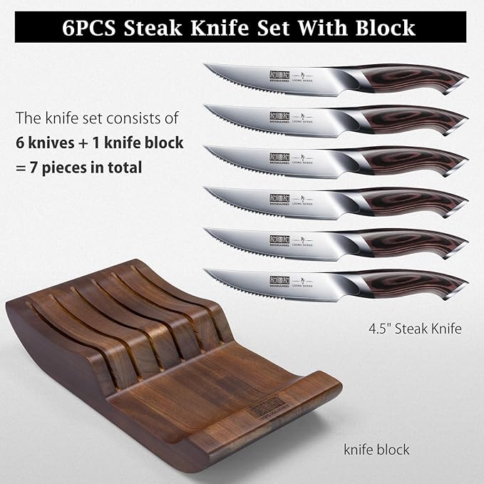 HOSHANHO Steak Knives Set of 6 with Block, 4.5 In Serrated Steak Knife Set | Multipurpose Japanese High Carbon Steel Kitchen Steak Knives with Ergonomic Handle, Ideal Gifts