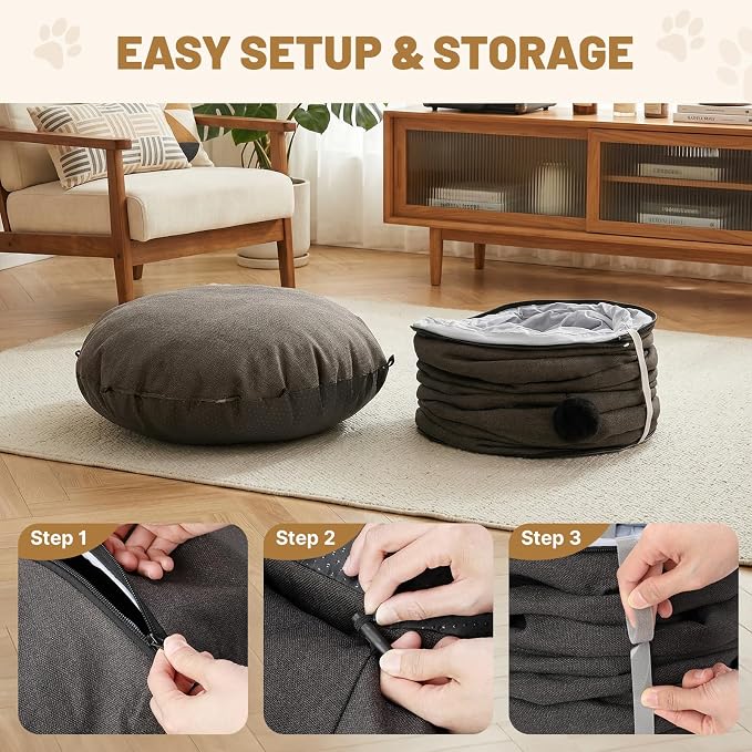 Cat Tunnel Bed for Indoor Cats, Cooling Natural Linen Cat Tunnel, Breathable 29.5in Kitten Toys Cat Tunnel with Washable Mat, Round Pet Tunnel for Kittens, Squirrels Dark Grey