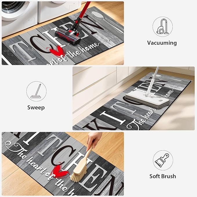 Kitchen Rugs Set 3 Piece, Non Slip Kitchen Mats for Floor, Soft Fabric with Rubber Backing, Farmhouse Anti Fatigue Runners Carpet for Home Kitchen Laundry Room Hallway (Rustic Grey & Black)