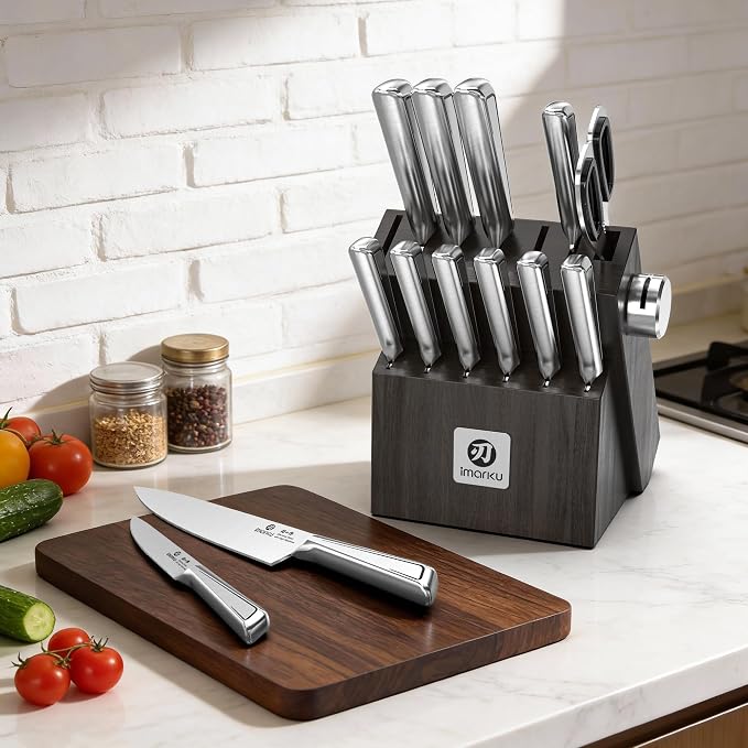 imarku Japanese High Carbon Stainless Steel Knife Set with Block, Precision-Forged Gyutou Kitchen Knives with Built-in Sharpener, Ultra-Sharp 10–15° Edge, Ergonomic Non-Slip Handle, Dishwasher Safe