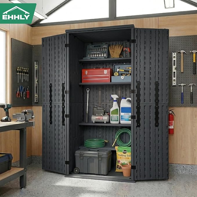 EHHLY Heavy Duty Tall Storage Cabinet Outdoor Weatherproof, 28 Cuft Garage Storage Cabinet with 4 Adjustable Shelves, Lockable Kitchen Pantry Closer Organizer, 31Wx23Lx66H, Sage Grey