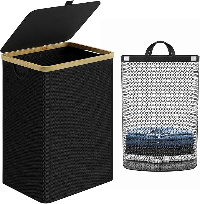 iEGrow Laundry Hamper with Lid, 85L Large Laundry Basket with Handle, Collapsible Clothes Basket Organizer with Removable Inner Bag for Clothes Towels - Black