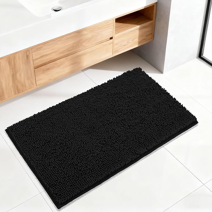 Bathroom Rugs Mat 48 x 36, Thick Soft Absorbent Chenille Bath Rugs, Rubber Backing Bath Mats for Bathroom Floor, Tub, Shower, Bedroom, Home Decor Accessories, Quick Dry Machine Washable, Black