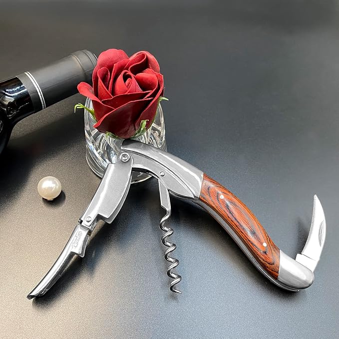 CORKAS Extravagant Professional Wine Key for Executive Waiter, Heavy Double Hinged Fulcrum Corkscrew Wine Opener with Premium Rosewood Handle and Foil Cutter, Great Birthday Gift for Sommelier, Waiter