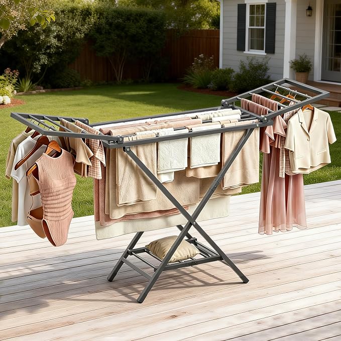 Clothes Drying Rack Heavy Duty, Foldable Laundry Dryer Stand for Clothing & Towel, Free Standing Collapsible for Indoor & Outdoor, 2-Level Clothing Drying Rack, 63" L× 17.7" W, Gray