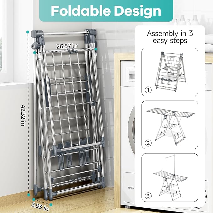 APEXCHASER Clothes Drying Rack with High Hanger, Foldable 3-Level Drying Racks with Shoe Rack, Crossbar and Vertical Rod Laundry Stand with Adjustable Wings Grey