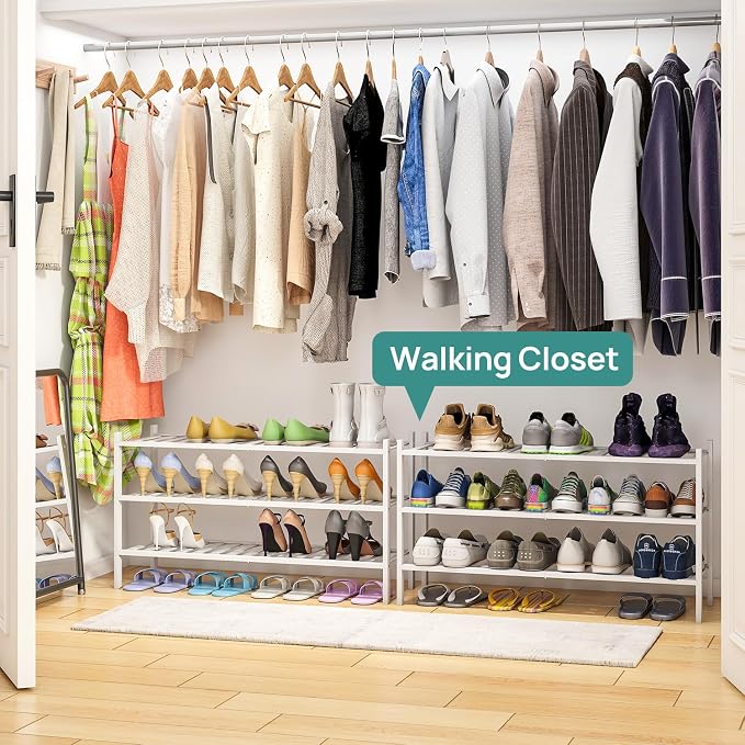 viewcare 3-Tier Long Shoe Rack, Bamboo Wood Shoe Rack for Closet, Entryway & Hallway, Stackable White Shoe Shelf Storage Organizer for Indoor Outdoor