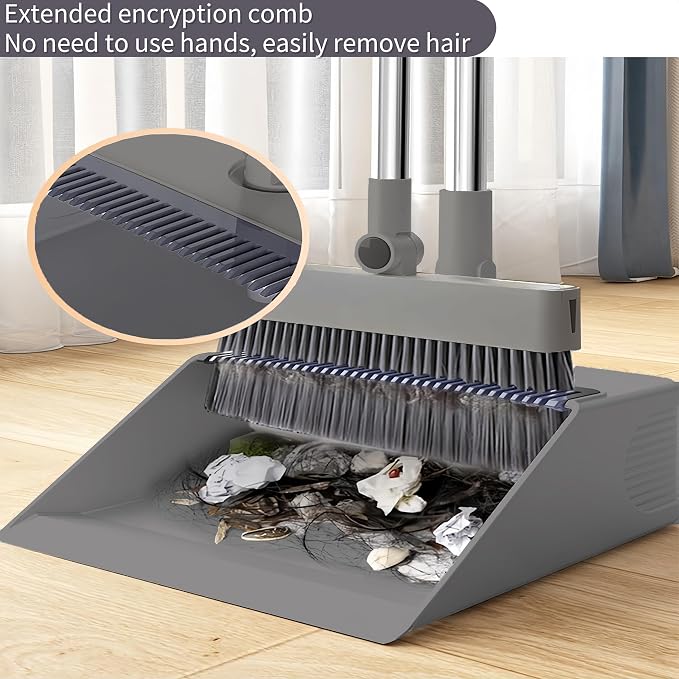 4 in 1 Multifunctional Broom and Dustpan Combo Set with 44" Long Handle, Squeegee and Cleaning Brush,for Clean Home Kitchen Bathroom Office,Indoor Outdoor,Pet Hair,Bathtub and Glass(Grey)