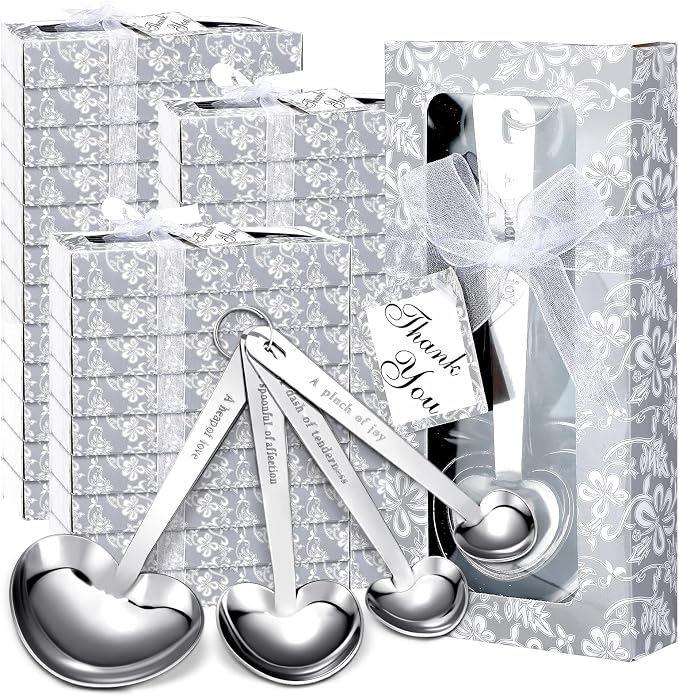 Yinder 50 Sets Heart Measuring Spoons Wedding Favors for Guests with Gift Box and Thank You Card, Bridal Shower Favors Bulk, Kitchen Measuring Spoon Gift Set for Party Souvenirs(Silver)