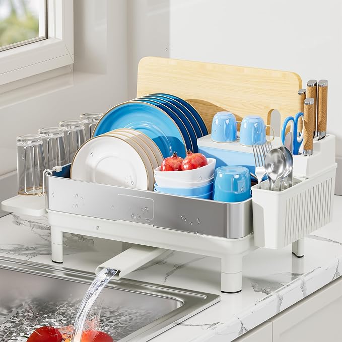 Dish Drying Rack, 304 Stainless Steel Dish Racks for Kitchen Counter | Dish Drainers with Automatic Drainage, Utensil Holder & Cups Holder, Space Saving Kitchen Organizer, White