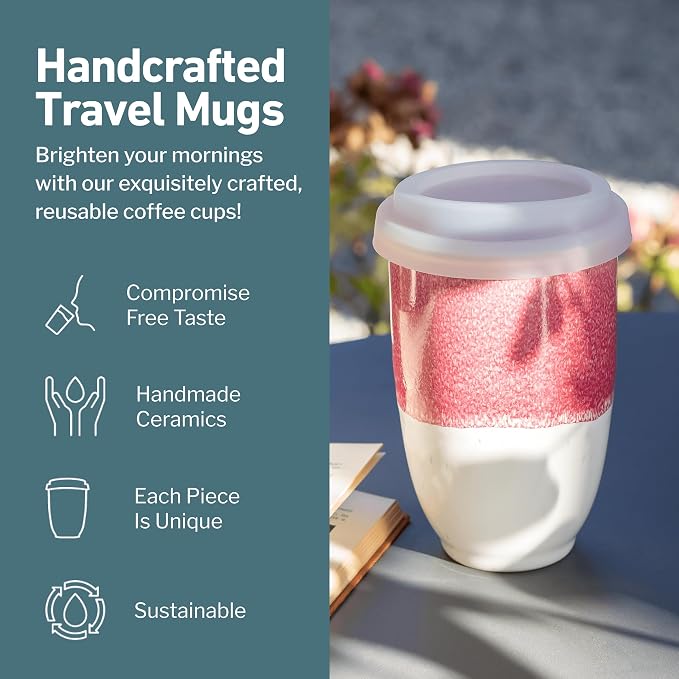 NOVA CERAMICS Travel Mugs - Ceramic Tumbler With Lid – Ceramic Travel Mug To Go Cup – Microwave & Dishwasher Safe Ceramic Coffee Tumbler - Gifts For Women Men Him Her – 12oz – Coral Pink