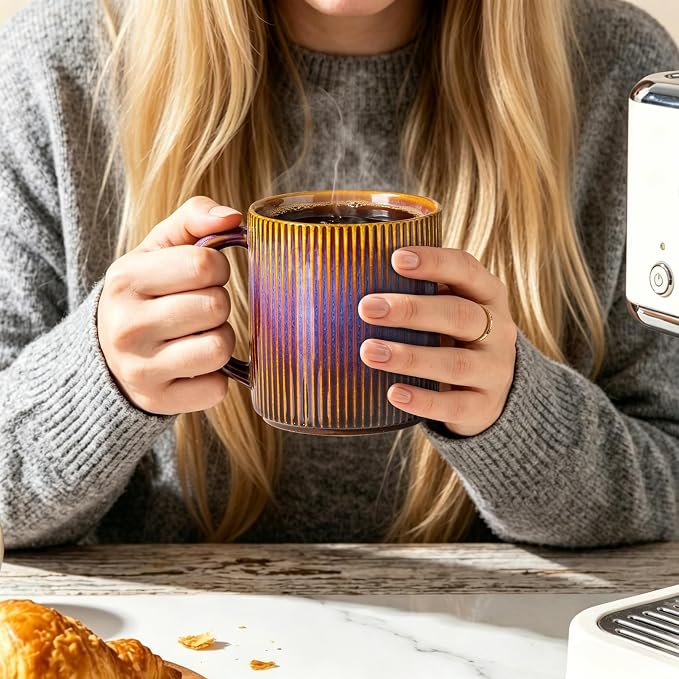 theterra Ceramic Coffee Mugs Set of 6, 14.2oz Handmade Coffee Cups with Handle for Latte, Tea, Milk, Beer, Hot Cocoa, Amber Amethyst