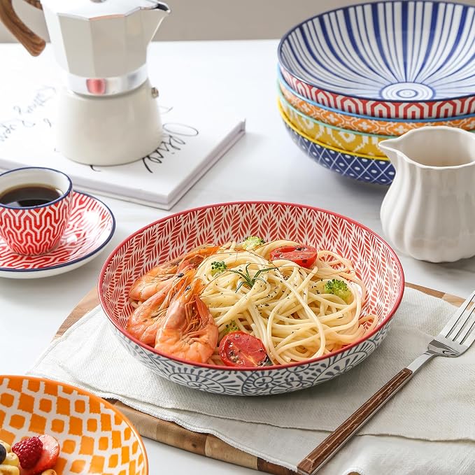 Selamica Ceramic Pasta Bowls Set 34 OZ, Large Salad & Dinner Bowls 8.6 Inch, Wide Shallow & Deep Plates for Pasta Soup, Microwave & Dishwasher Safe, Set of 6, Assorted Colors