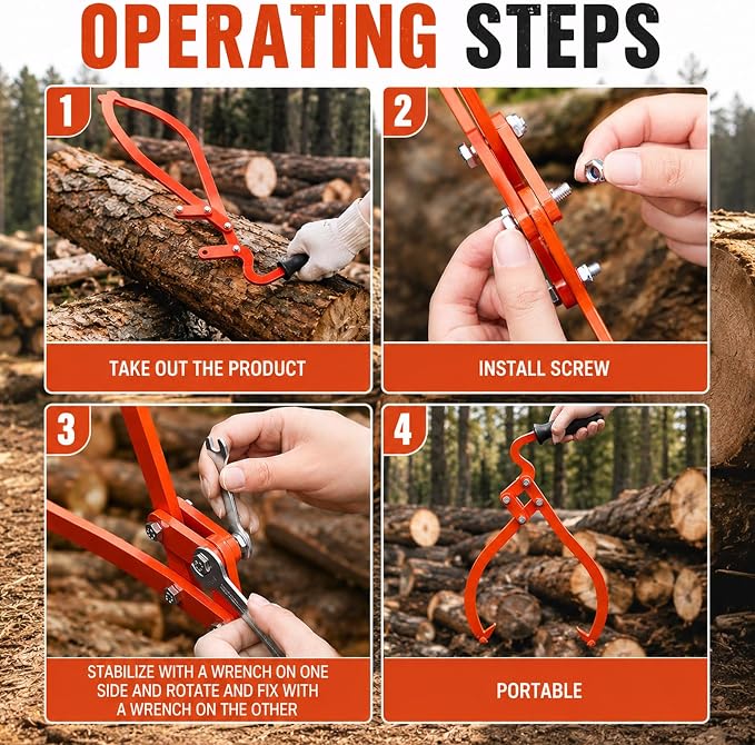 Blulu 1 Pcs 16 Inch 2 Claw Log Tongs Logging Skidding Tongs with Non Slip Grip Stainless Steel Hand Log Grapple Lifter Handling, Dragging, Carrying Tool for Moving Wood Trees