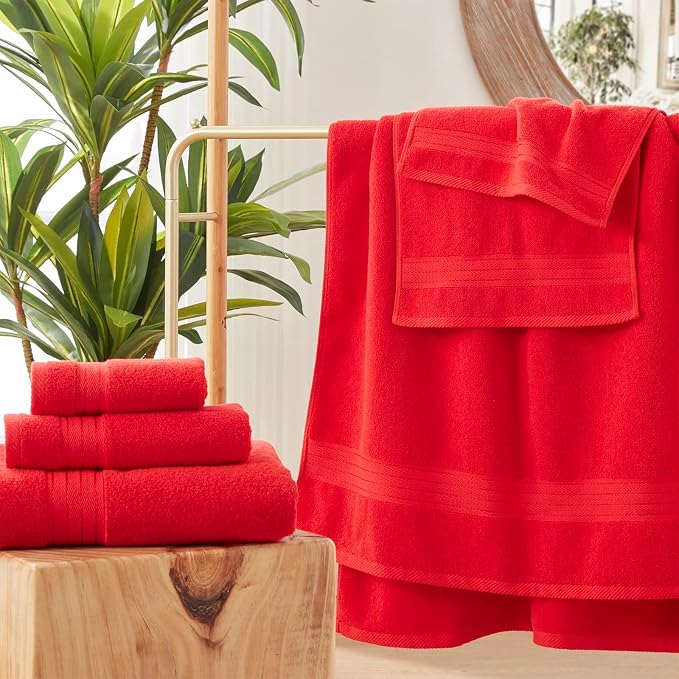 COZYART Luxury Bath Towel Set 3 PCS, Red 100% Turkish Cotton 650 GSM | OEKO-Tex 100 Certified Zero Twist Ring Spun, Soft Absorbent Quick Dry, Plush Fluffy, Breathable Hotel Quality for Daily Use