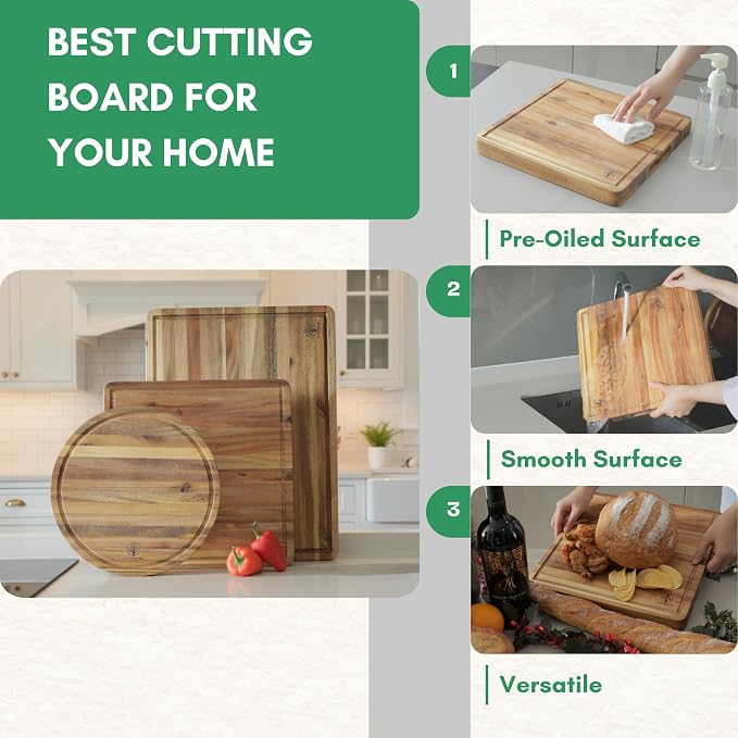 Square Acacia Wood Cutting Boards for Kitchen, 1.5 in Thick Butcher Block Construction for Stability, 14 in Square Cutting Boards with Gift Box, Juice Groove and Handle